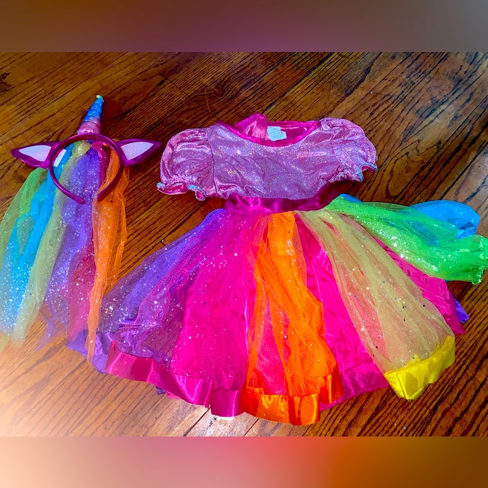 Kids' Rainbow Unicorn Halloween Costume Dress with Headpiece 2T-3T